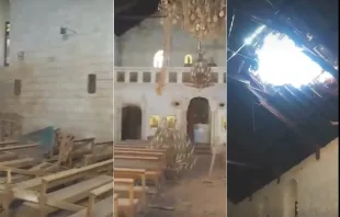 لقطات من فيديو يُظهر الأضرار التي لحقت بكنيسة مار جاورجيوس في بلدة يارون اللبنانيّة مصدر الصورة: صفحة «Rmeich Geographic» في فيسبوك