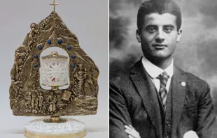 القدّيس بيير جورجيو فراسّاتي وحافظة الذخائر التي تحتضن قطعة من ثيابه وتُعرّض غدًا في روما مصدر الصورة: Public Domain وجمعيّة العمل الكاثوليكي