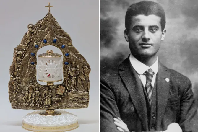 القدّيس بيير جورجيو فراسّاتي وحافظة الذخائر التي تحتضن قطعة من ثيابه وتُعرّض غدًا في روما