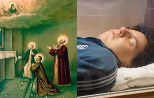 ضريح الطوباويّ كارلو أكوتيس في مدينة أسيزي الإيطاليّة ولوحة تُظهر الإخوة المسابكيّين الثلاثة مصدر الصورة: آسي مينا وPinterest