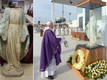 البابا فرنسيس يبخّر تمثال العذراء مريم المُرَمَّم في خلال الذبيحة الإلهيّة بملعب فرانسو الحريري بأربيل في 7 مارس/آذار 2021، وإلى اليسار التمثال المريمي كما كان في العام 2017
