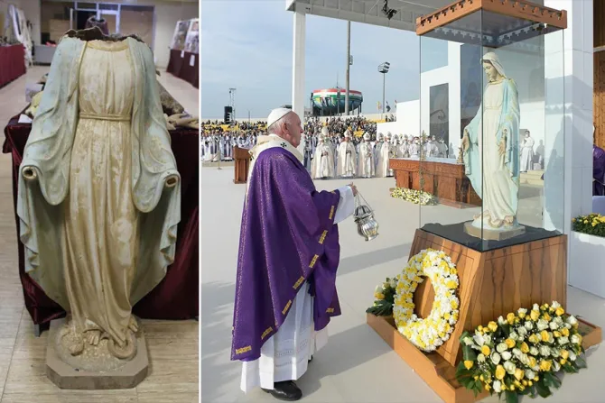 البابا فرنسيس يبخّر تمثال العذراء مريم المرمّم في خلال الذبيحة الإلهيّة بملعب فرانسو الحريري بأربيل في 7 مارس/آذار 2021