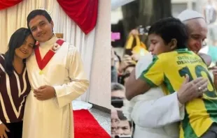 ناثان دي بريتو (الطفل) يعانق البابا فرنسيس، ودي بريتو (الشاب) مع والدته Provided by: Nathan de Brito/CNA