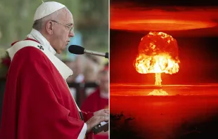 البابا فرنسيس ملقيًا كلمة إلى جهة اليمين وقنبلة نوويّة منفجرة إلى جهة اليسار Provided by: L'Osservatore Romano and Geralt/Pixabay