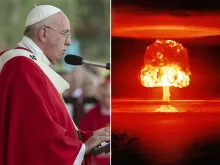 البابا فرنسيس ملقيًا كلمة إلى جهة اليمين وقنبلة نوويّة منفجرة إلى جهة اليسار