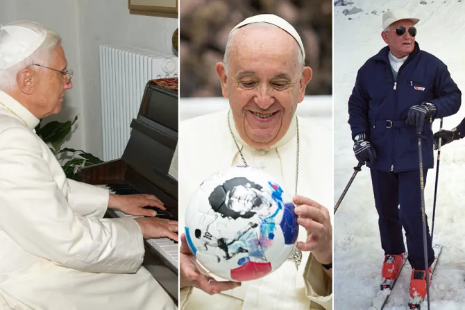 البابا يوحنا بولس الثاني يتزلج والبابا فرنسيس يحمل كرة قدم والبابا بنديكتوس السادس عشر يعزف على البيانو