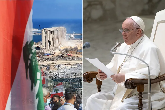 إلى اليمين البابا فرنسيس وإلى اليسار علم لبنان واهراءات مرفأ بيروت