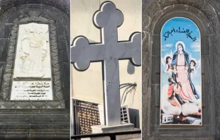 آثار الرصاص على الصليب الخارجيّ لكنيسة السيّدة العذراء أمّ الزنار، حمص-سوريا مصدر الصورة: Dosseman via wikimedia commons (CC BY-SA 4.0)/Sy_intelligenc via X