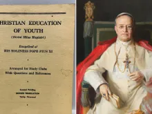 البابا بيوس الحادي عشر (إلى اليمين) ورسالته العامّة بعنوان «التربية المسيحيّة» (إلى اليسار)