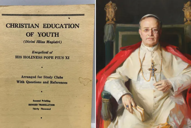 البابا بيوس الحادي عشر (إلى اليمين) ورسالته العامّة بعنوان «التربية المسيحيّة» (إلى اليسار)