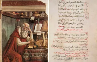 مخطوطة سيناء عربي 151 (يمينًا) والقدّيس جيروم (يسارًا) مصدر الصورة: مركز أبحاث ميونيخ/استكشاف التراث الثقافيّ اليهوديّ في الشرق الأدنى-ويكيميديا كومونز