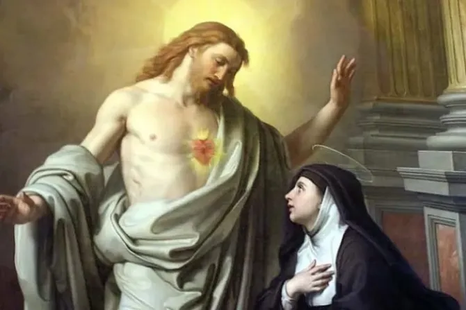 صورة القديسة مارغريت ماري ألاكوك في أحد ظهورات المسيح لها