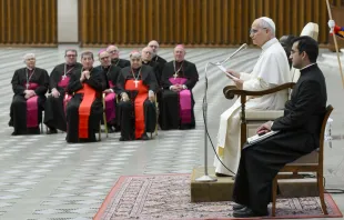 البابا لاوون الرابع عشر يلتقي في قاعة بولس السادس الفاتيكانيّة المشاركين في مؤتمر «السرّانيّة: الظواهر السرّانيّة والقداسة» مصدر الصورة: فاتيكان ميديا