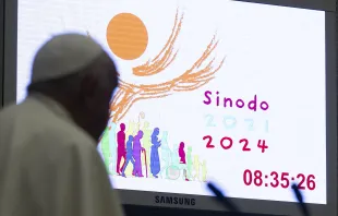 البابا فرنسيس أمام شعار السينودس الحالي مصدر الصورة: فاتيكان ميديا