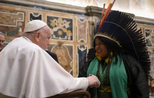 البابا فرنسيس في خلال لقائه ممثّلي المجتمعات الأصليّة والعلماء في القصر الرسوليّ الفاتيكانيّ اليوم مصدر الصورة: فاتيكان ميديا