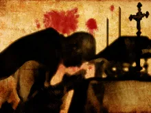 صورة رمزيّة تُظهر كاهنًا يحتفل بالقداس الإلهي، وتعلوه بقع دماء على الحائط للدلالة على الشهادة والاضطهاد في المسيحيّة