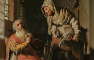 لوحة للفنّان رامبرانت من العام 1626 تُظهر طوبيت البارّ وامرأته مصدر الصورة: Public Domain via Wikimedia Commons