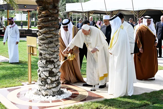 البابا فرنسيس يسقي شجرة نخيل اليوم في البحرين