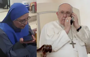 راهبةٌ في رعيّة العائلة المقدّسة-غزّة تتحدّث هاتفيًّا إلى البابا فرنسيس مصدر الصورة: دانييل إيبانيز-وكالة الأنباء الكاثوليكية/رهبانيّة الكلمة المتجسّد