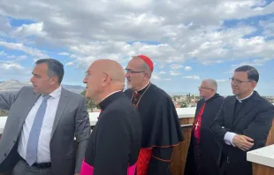 بيتسابالا مطّلعًا من رئيس بلديّة نيقوسيا على الخطّ الفاصل بين قبرص اليونانيّة والتركيّة مصدر الصورة: البطريركيّة اللاتينيّة - القدس